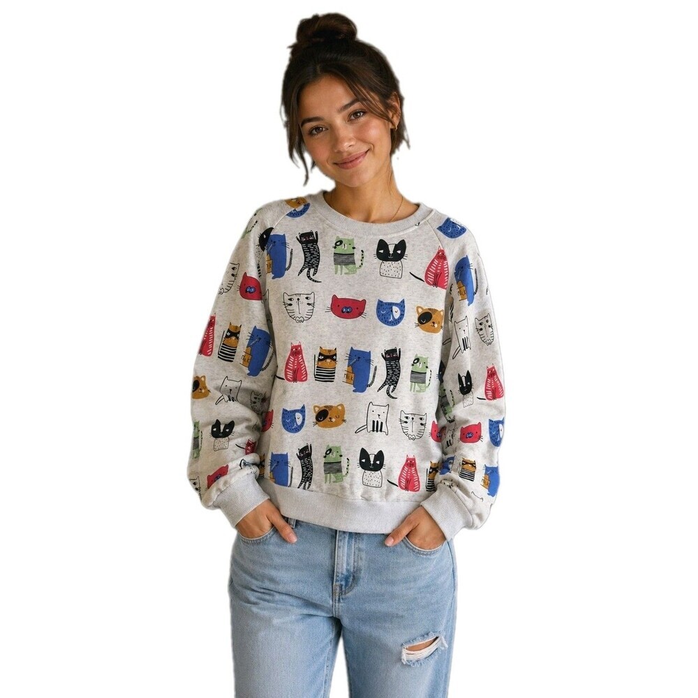 SM Wardrobe Sweater Size 2X  Gray All Over Cat Print Thick Crew Neck Novelty